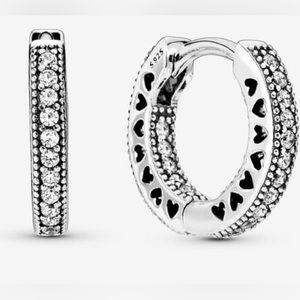 Pandora Sterling Silver Pave Heart Hoop Earrings (NEW, authentic, & never worn)